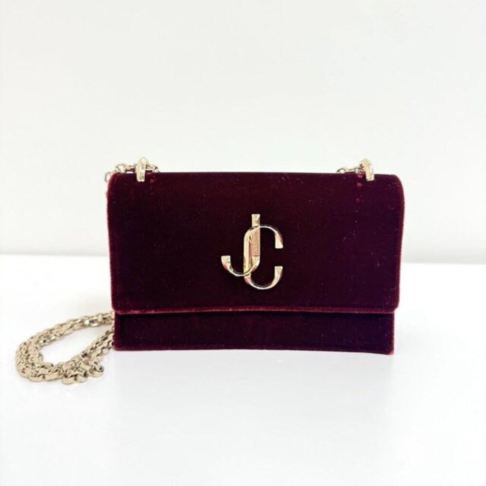 JIMMY CHOO Bohemia Bordeaux Velvet Shoulder Bag Gold Chain Logo Formal Handbag